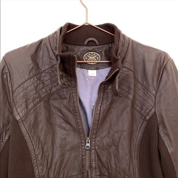 ANTHROPOLOGIE | Women’s Chocolate Brown Leather Moto Jacket Brass Hardware - Picture 3 of 7